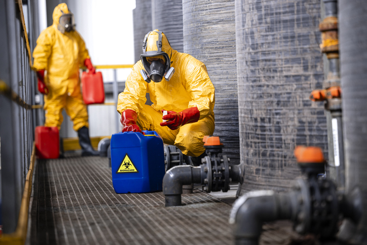 Trained factory workers carefully handling toxic and dangerous biohazardous waste in chemicals factory.